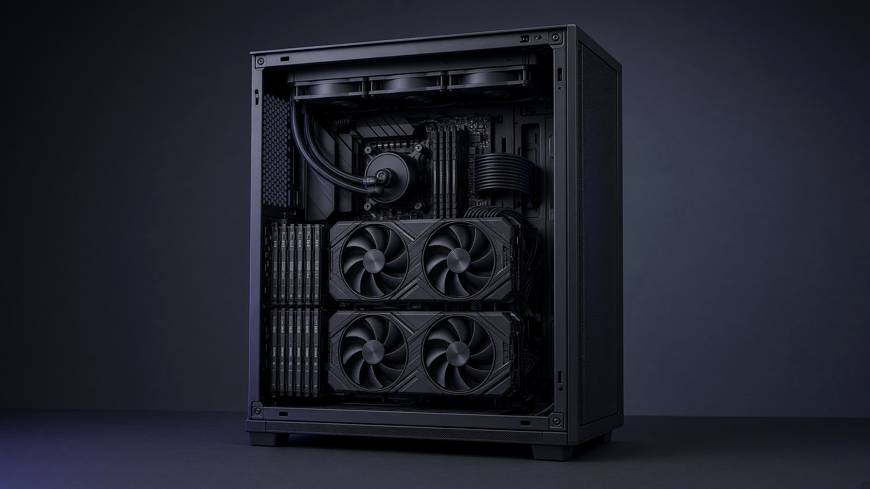 Newly specced local-AI workstation — dual GPUs, dense RAM, cooling sized for sustained inference