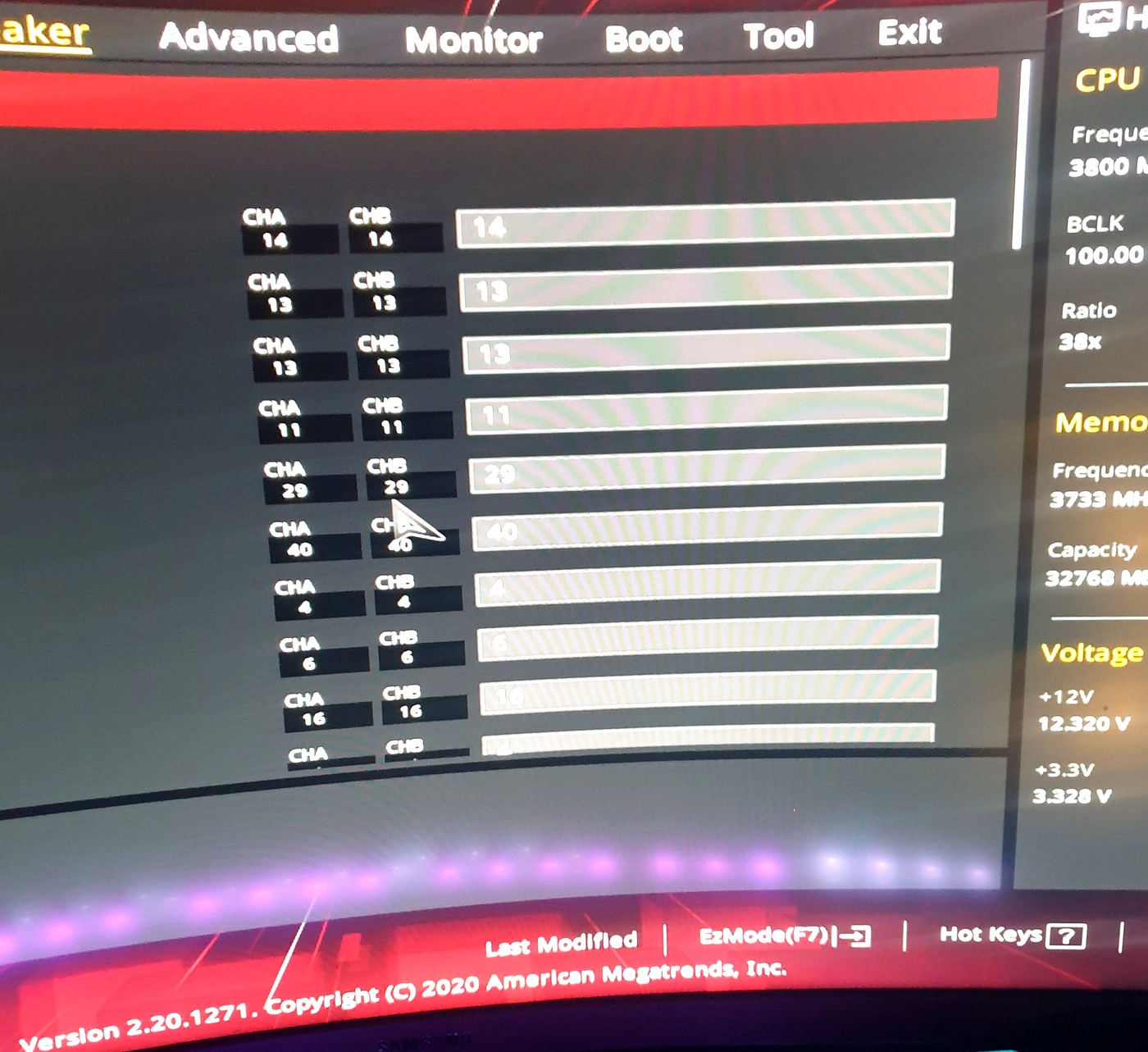 ASUS BIOS with manual primary memory timings at 3733 MHz